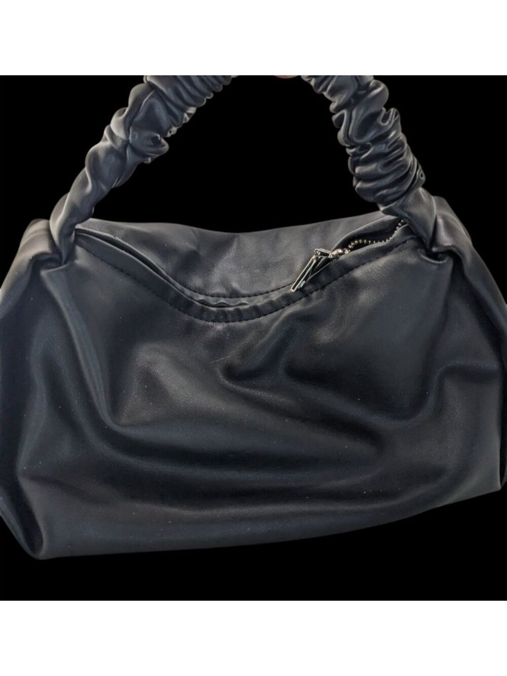 Black Faux Leather Scrunch Handle Shoulder Bag With Zipper Closure